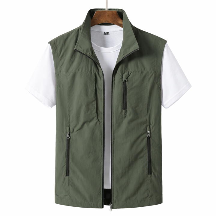 Men's lightweight multi-pocket utility vest for summer outdoor activities. Casual zip-up sleeveless design.