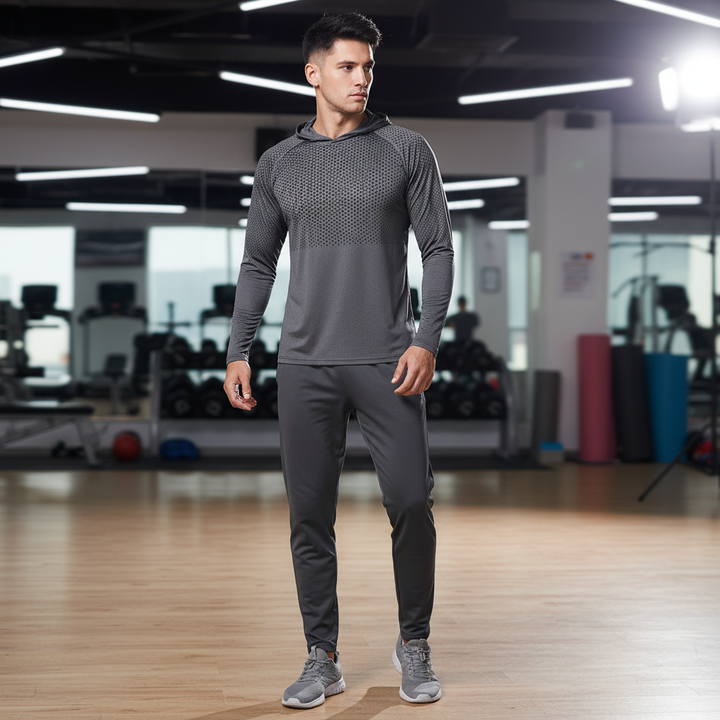 Men's lightweight performance hooded shirt, ideal for gym workouts, running & training. Breathable activewear.