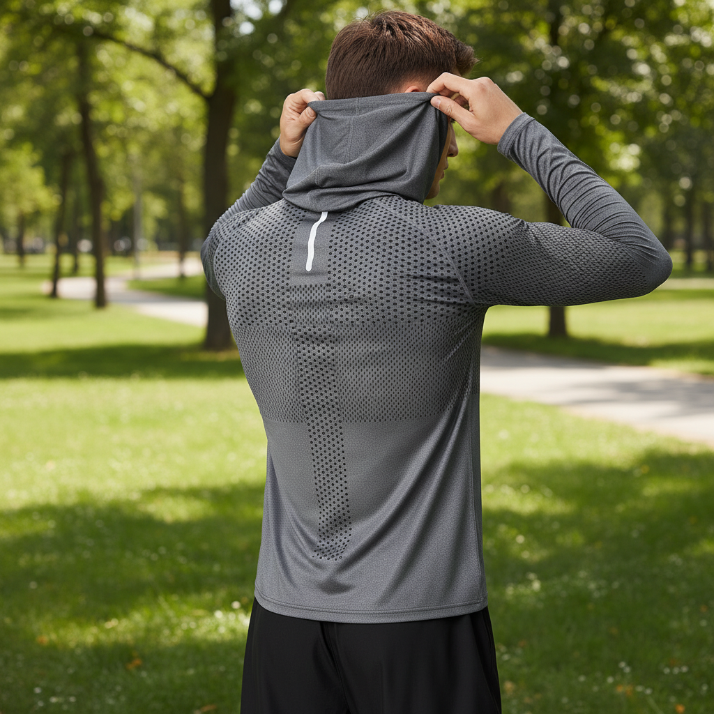 Man running in a lightweight hooded performance shirt. Breathable long-sleeve athletic top for intense workouts.