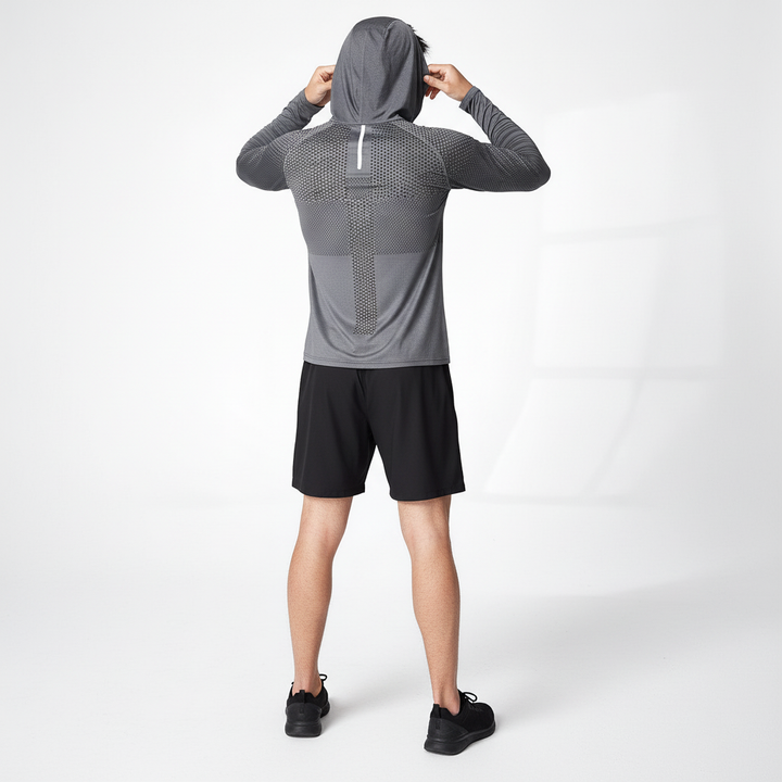 Men's athletic hooded shirt with a performance fit. Long-sleeve workout top, perfect for training & active wear.