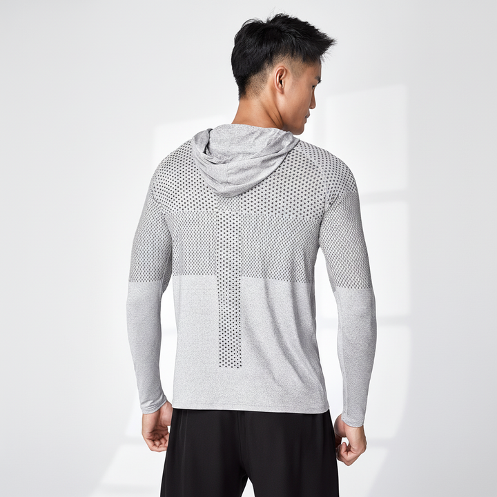 Versatile men's hooded performance top for gym, running, and outdoor sports. Lightweight training gear.