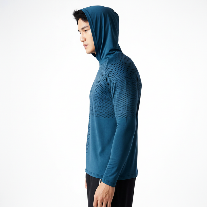 Reflective details on men's lightweight hooded workout shirt. Enhances visibility for night running & training.