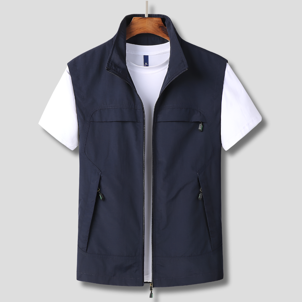 Men's lightweight quick-dry zip vest for outdoor adventure, hiking, and travel. Flexible multi-pocket design.