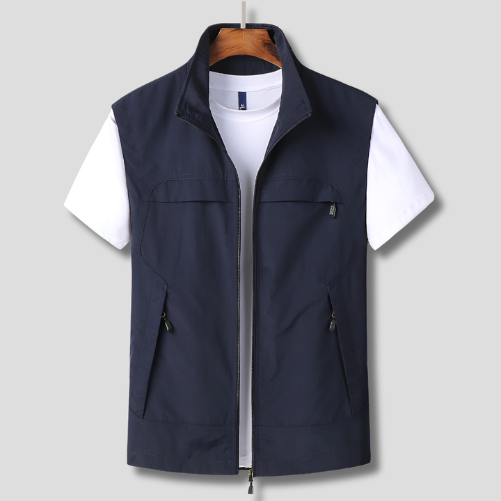 Men's lightweight quick-dry zip vest for outdoor adventure, hiking, and travel. Flexible multi-pocket design.