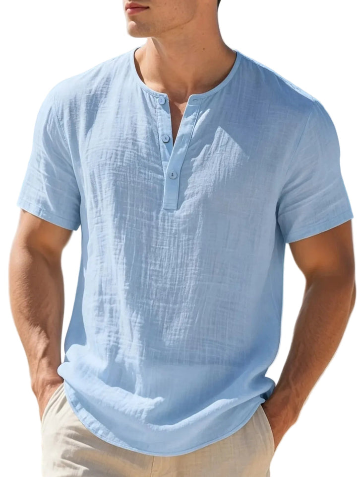 Stylish men's short-sleeve Henley shirt, a versatile choice for casual fashion.