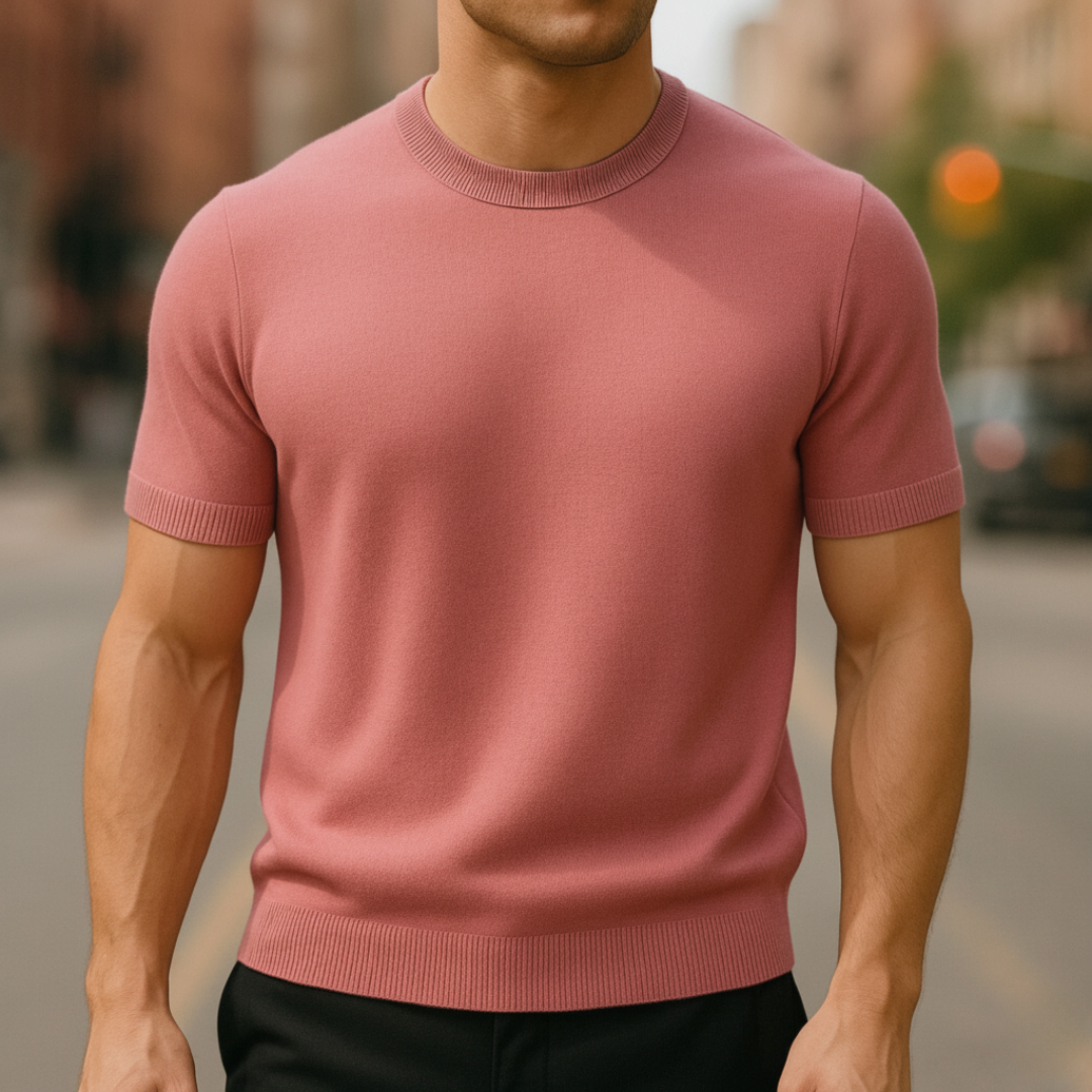 Classic crew neck men's short sleeve knit sweater. Slim fit and lightweight for ultimate comfort and style.