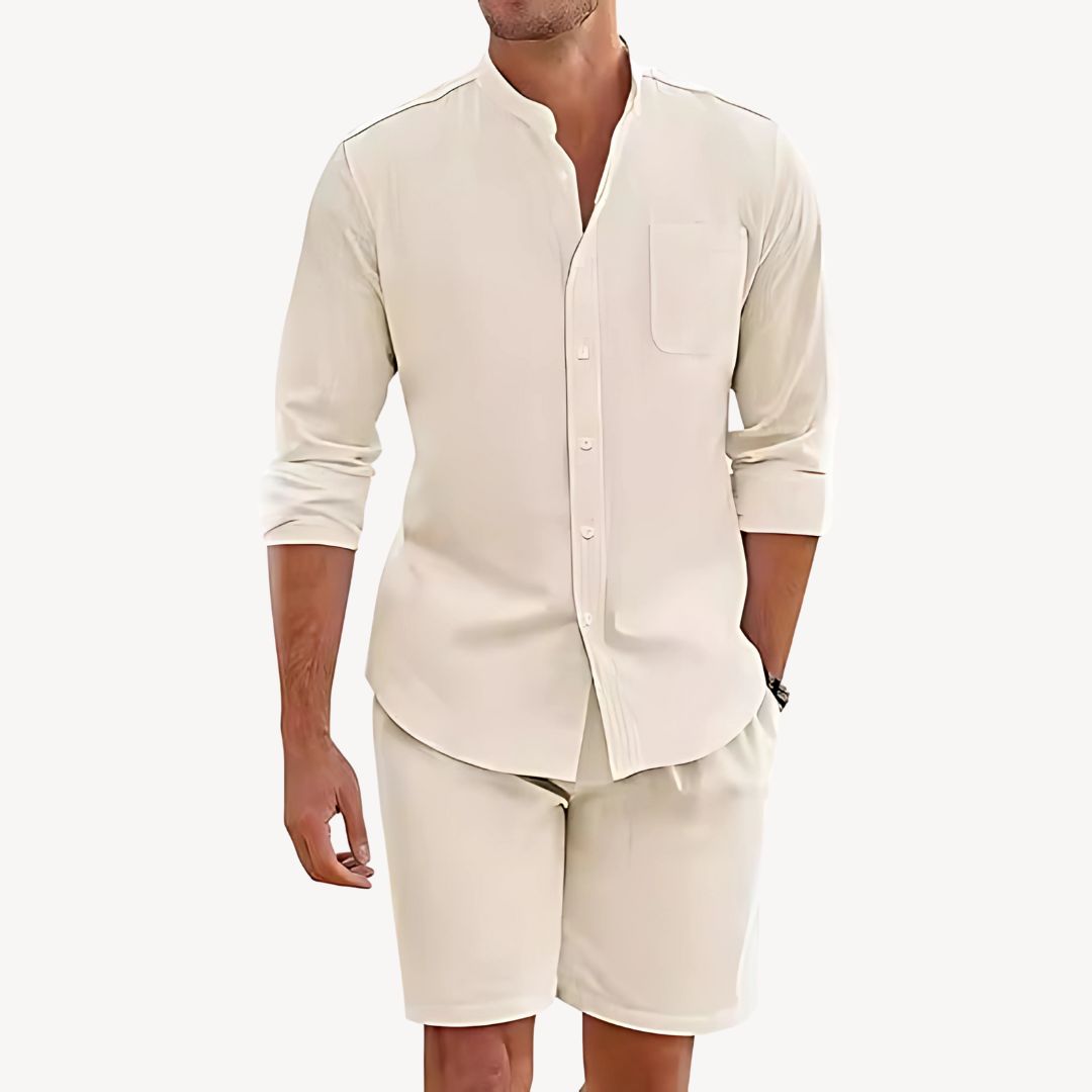 Men's lightweight summer shirt & drawstring shorts set. Ideal for beach, vacation, or casual wear. Relaxed fit.