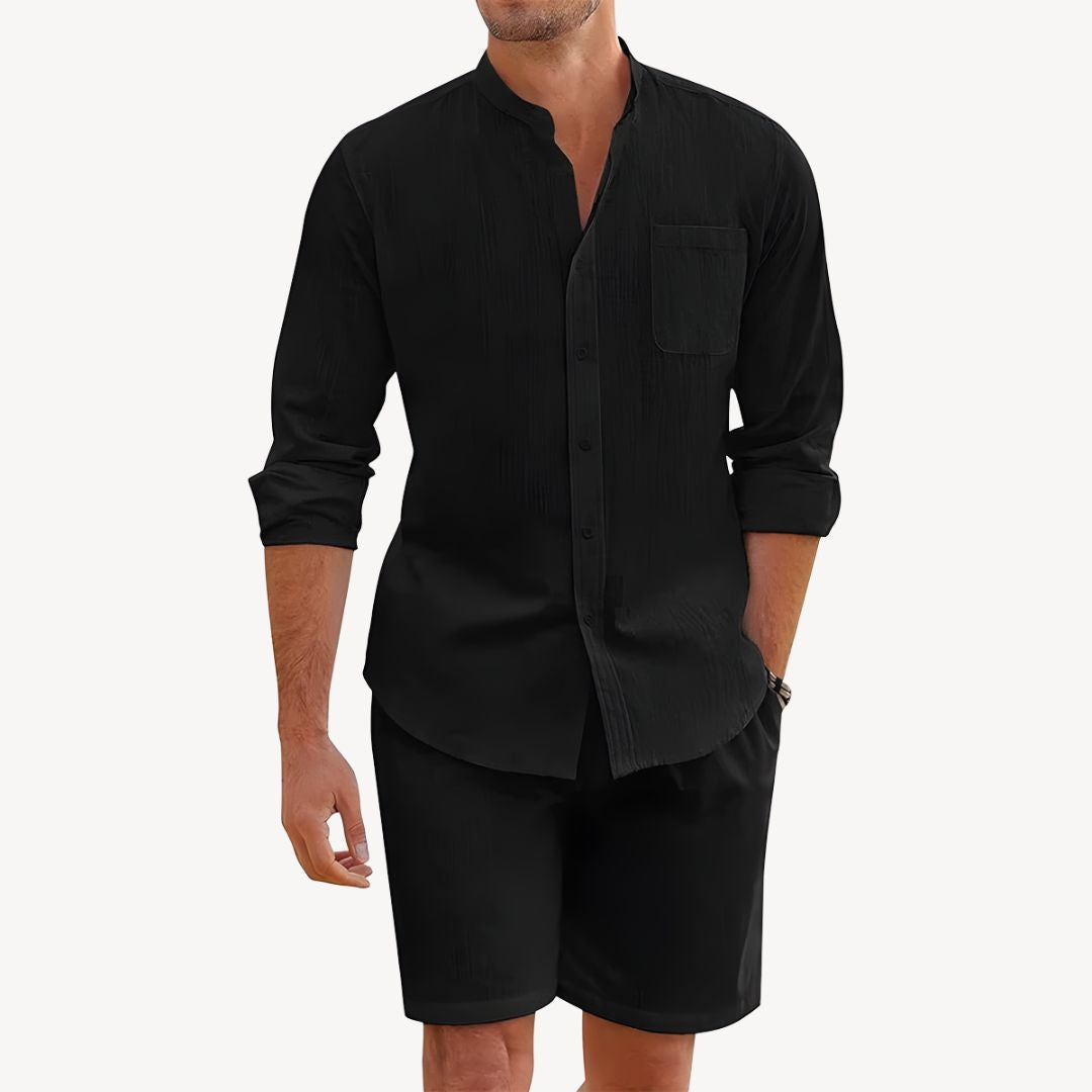 Two-piece men's summer outfit: button-up shirt & drawstring shorts. Perfect for beach wear & relaxed vacation style.