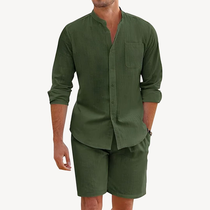 Men's casual summer outfit. Relaxed fit button-up shirt & drawstring shorts, perfect for beach trips or vacation.