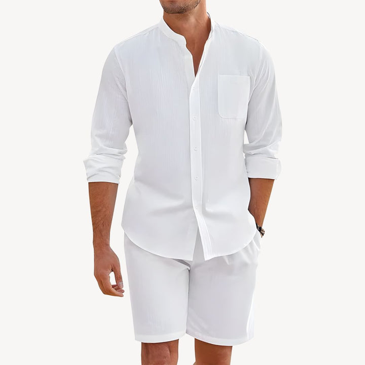 Men's summer co-ord set: lightweight button-up shirt and matching drawstring shorts. Perfect for warm weather.