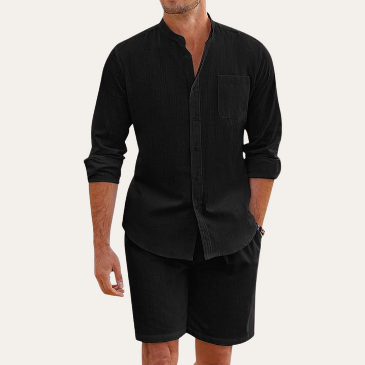 Men's lightweight summer two-piece set: long sleeve shirt & matching shorts. Ideal for beach, vacation, or casual wear.