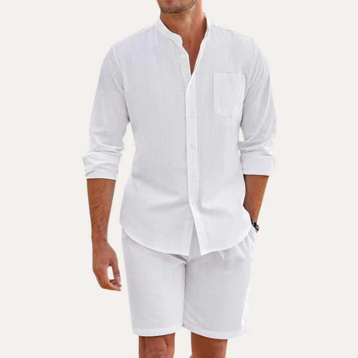 Relaxed fit men's summer outfit: breathable long sleeve shirt & shorts. Perfect for casual wear, beach, or vacation.