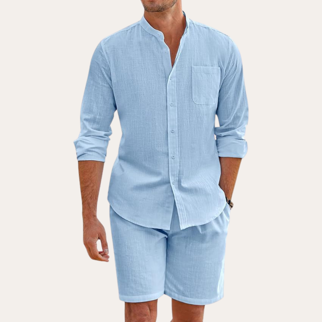 Stylish men's two-piece summer set with a long sleeve shirt & shorts. Great for beachwear, vacation, and casual outings.