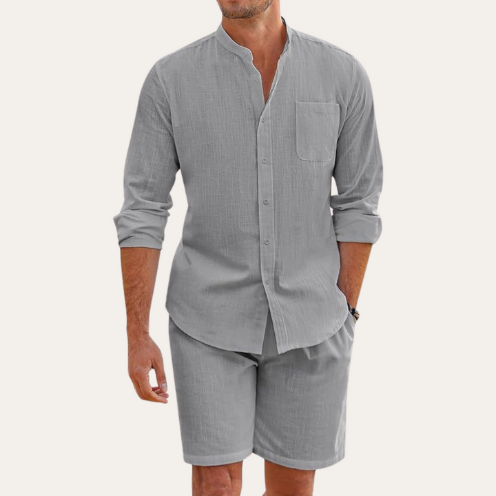 Comfortable men's summer two-piece: lightweight long sleeve shirt & matching shorts. Essential for casual & vacation outfits.