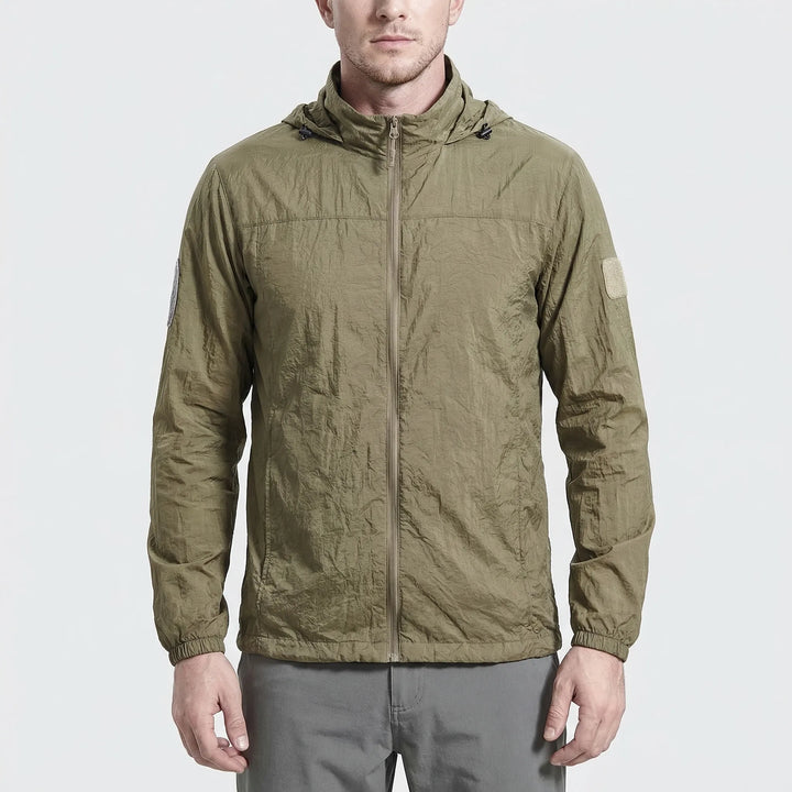 Stylish men's lightweight hooded windbreaker jacket, tactical design, quick-dry for outdoor, hiking & travel.