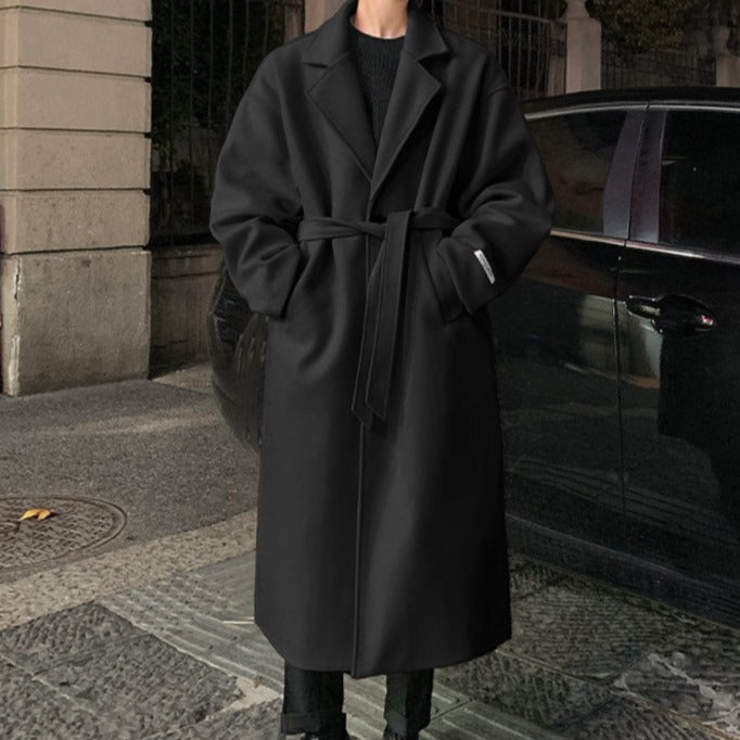 Men's long belted overcoat in tailored elegant style, perfect for winter and autumn fashion.