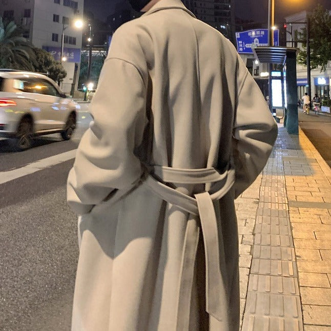 Elegant men's belted long coat, versatile for smart casual or formal winter fashion and autumn style.
