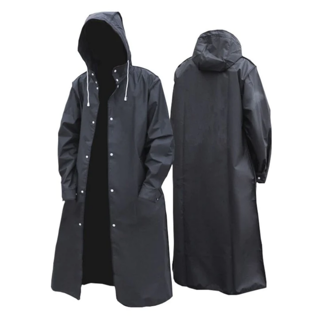 Men's long black waterproof rain jacket with hood, ideal for all-season weather protection and outdoor activities.