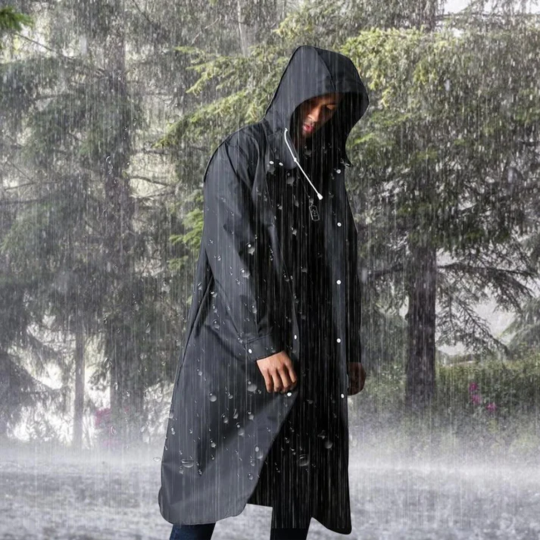 Stylish men's hooded waterproof long black raincoat, perfect for travel, all-weather gear, and urban fashion.