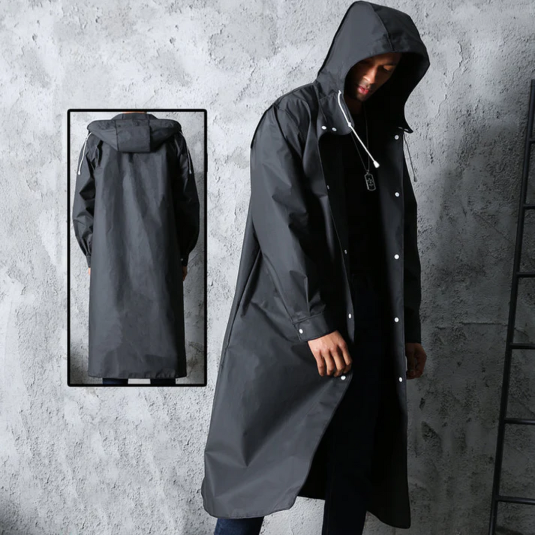 Durable men's waterproof long rain jacket with hood, offering ultimate rain protection for all seasons and conditions.
