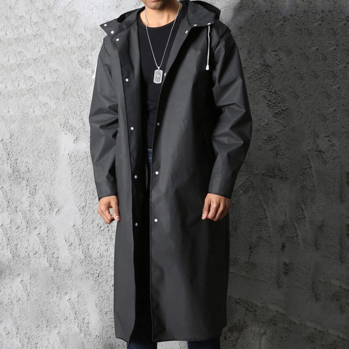 Black men's long waterproof hooded raincoat for all-weather protection; a versatile outerwear travel jacket.