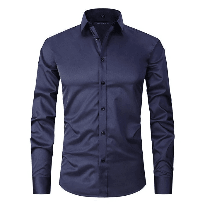 Close-up of a men's button-up long-sleeve dress shirt, suitable for formal office wear.