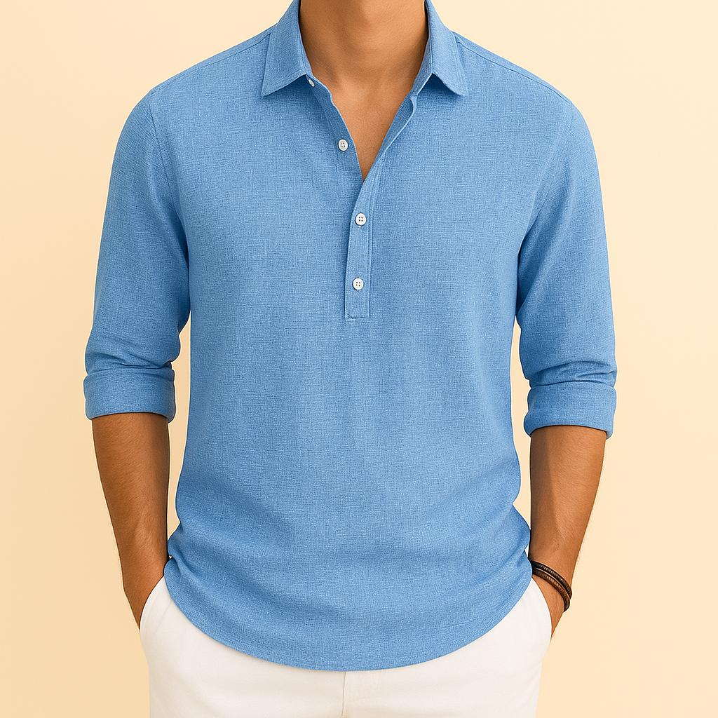 Men's long sleeve button neck polo shirt, casual & refined, for smart everyday comfort.