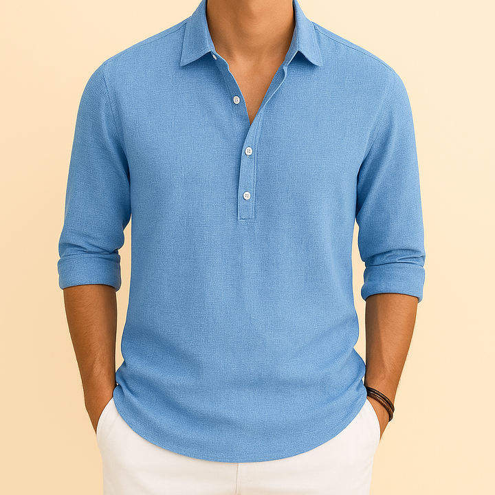 Men's long sleeve button neck polo shirt, casual & refined, for smart everyday comfort.