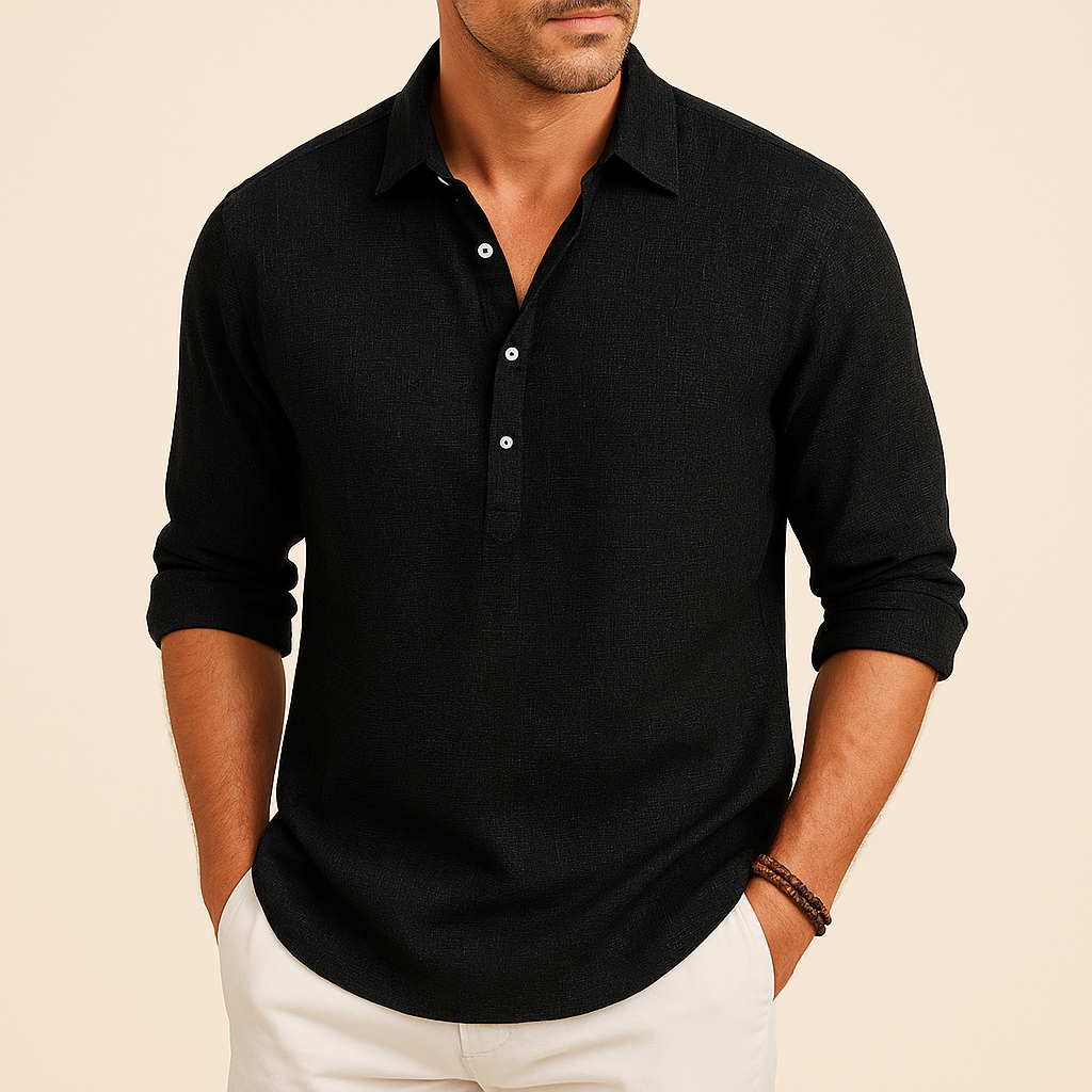 Relaxed fit men's long sleeve polo with button neck, soft fabric for spring & autumn comfort.