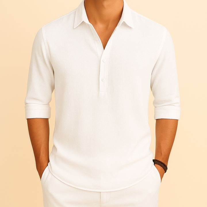Versatile men's long sleeve button neck polo, smart casual for transitional wear.