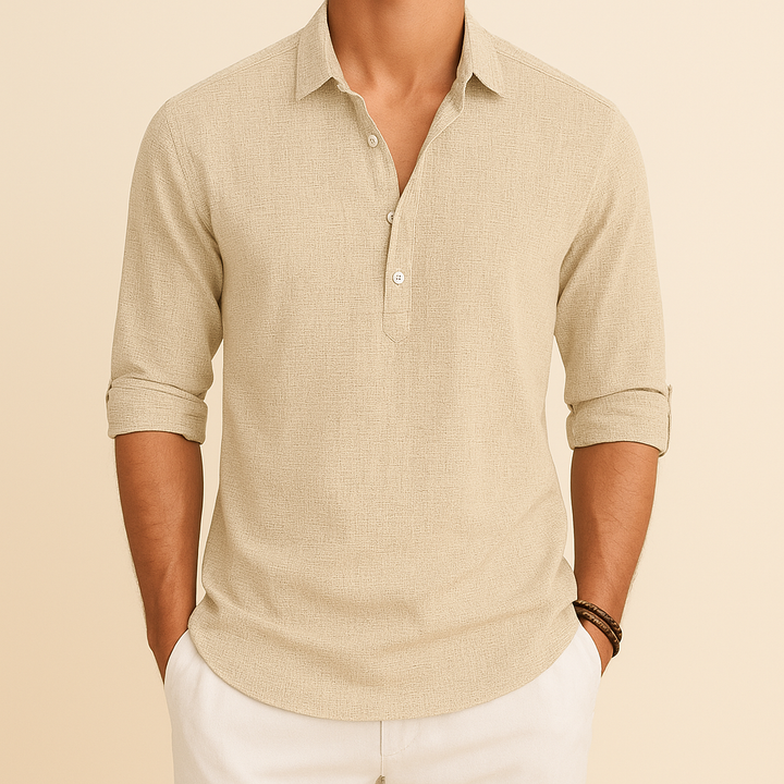 Men's casual long sleeve polo with button neck, perfect for everyday style & relaxed comfort.