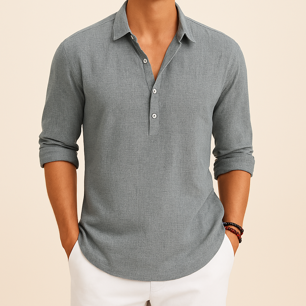 Autumn & spring men's long sleeve polo shirt with button neck, ideal for transitional smart casual outfits.