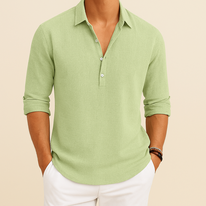 Comfortable men's long sleeve polo, relaxed fit, button neck for easy everyday fashion.
