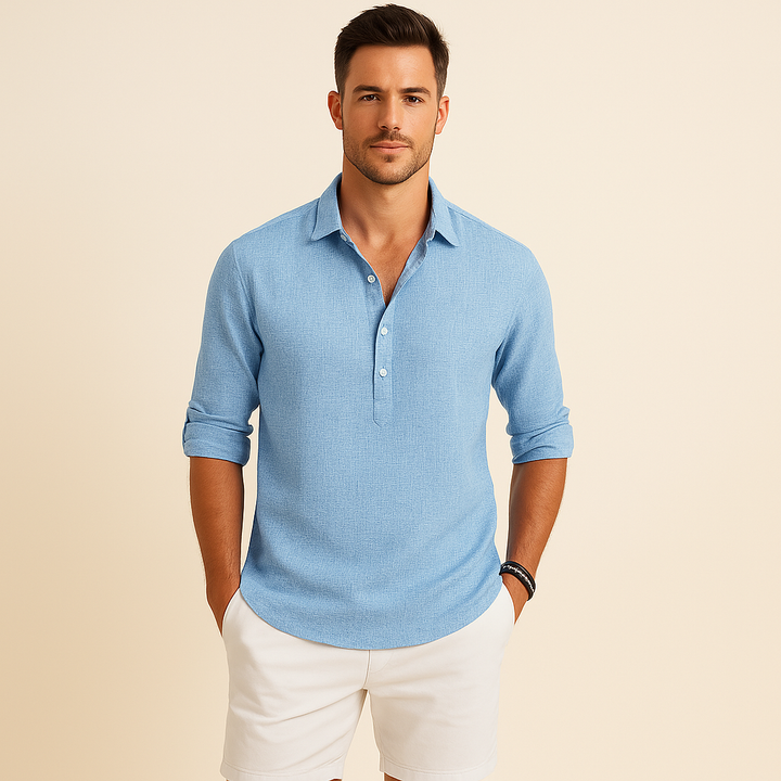 Refined men's long sleeve button neck polo shirt, versatile for smart casual or relaxed autumn style.