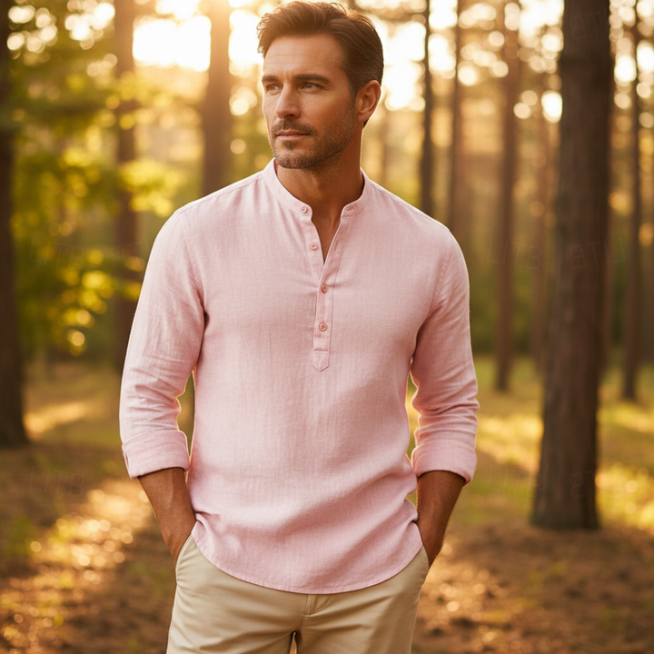 Everyday wear men's long sleeve henley shirt, merging casual comfort with modern men's fashion.