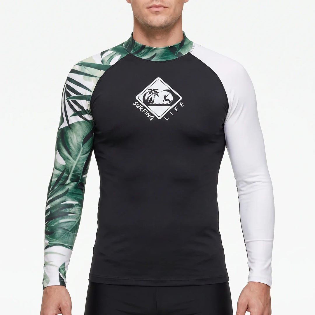 Men's long-sleeve athletic swim top, enhancing performance and comfort for serious water sports enthusiasts.