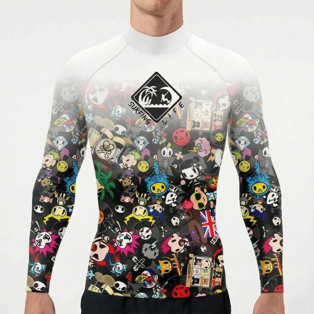 Comfortable men's long-sleeve rash guard, a durable swimwear option for extended sun protection.