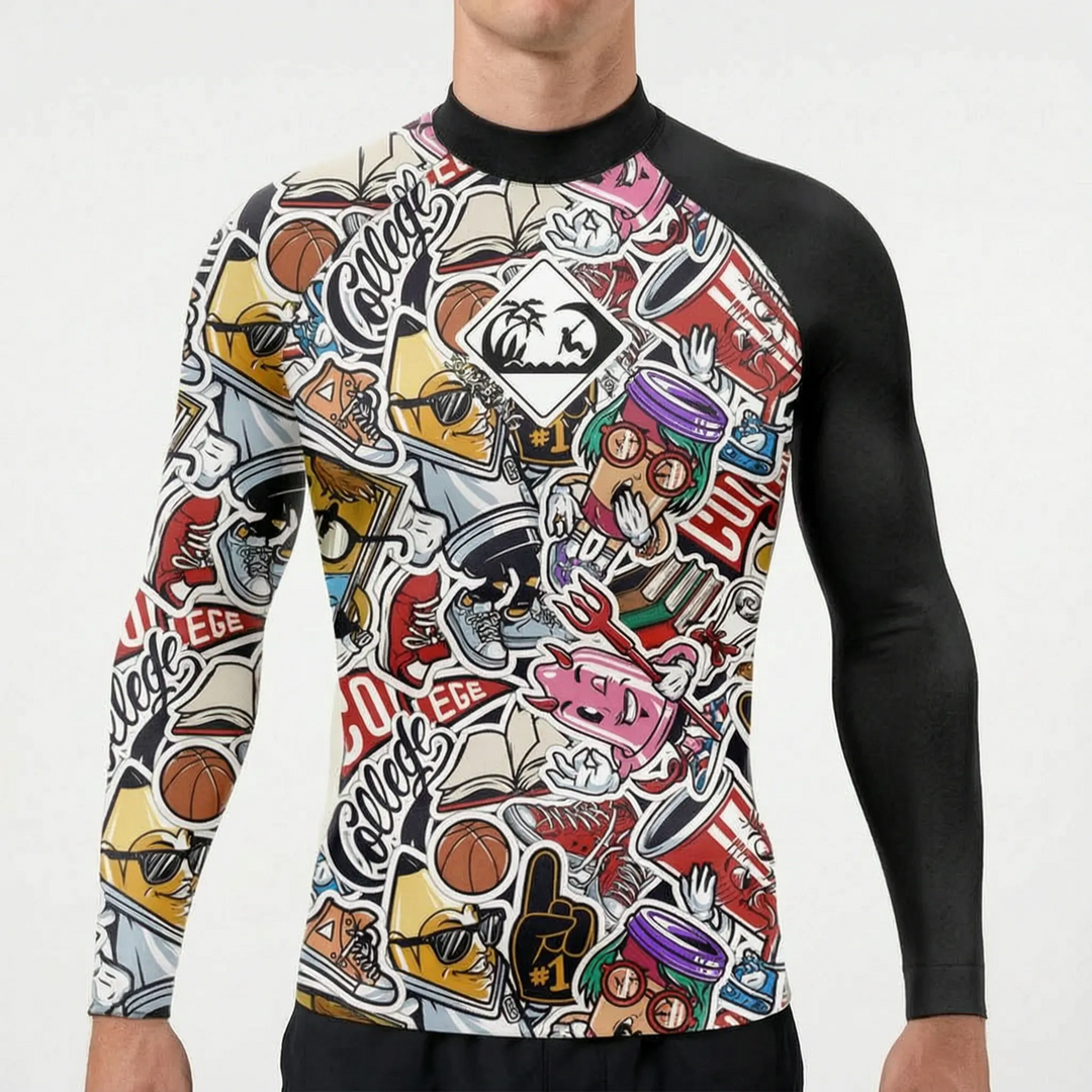 Men's long-sleeve performance rash guard with flatlock seams, preventing chafing during intense water sports.