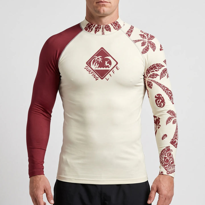 UPF 50+ men's long-sleeve rash guard offering superior sun protection for swimming and outdoor activities.