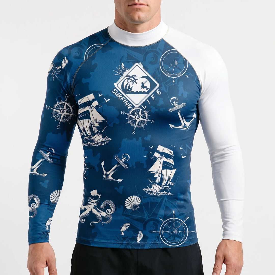 Snorkeler wearing a men's long-sleeve rash guard, designed for aquatic adventures and sun safety.
