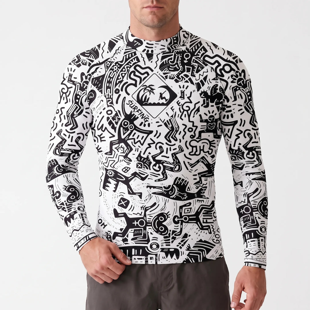 Back view of men's long-sleeve rash guard, showing athletic fit and durable stitching for active swimwear.