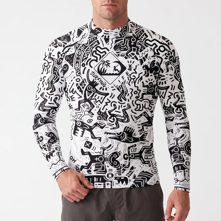 Back view of men's long-sleeve rash guard, showing athletic fit and durable stitching for active swimwear.