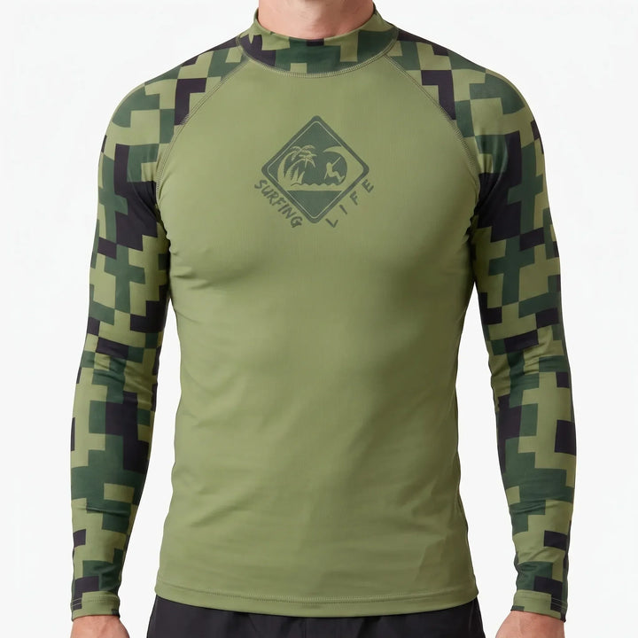 Close-up of flexible fabric on men's long-sleeve performance rash guard, ideal for unrestricted movement.