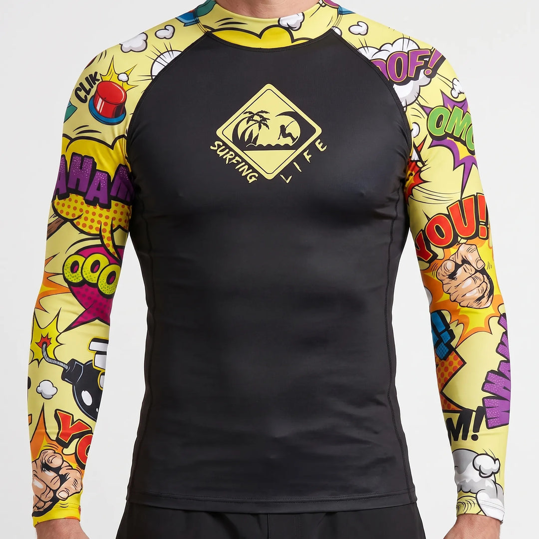 Blue men's long-sleeve rash guard, a versatile surf shirt for sun protection during beach and water sports.