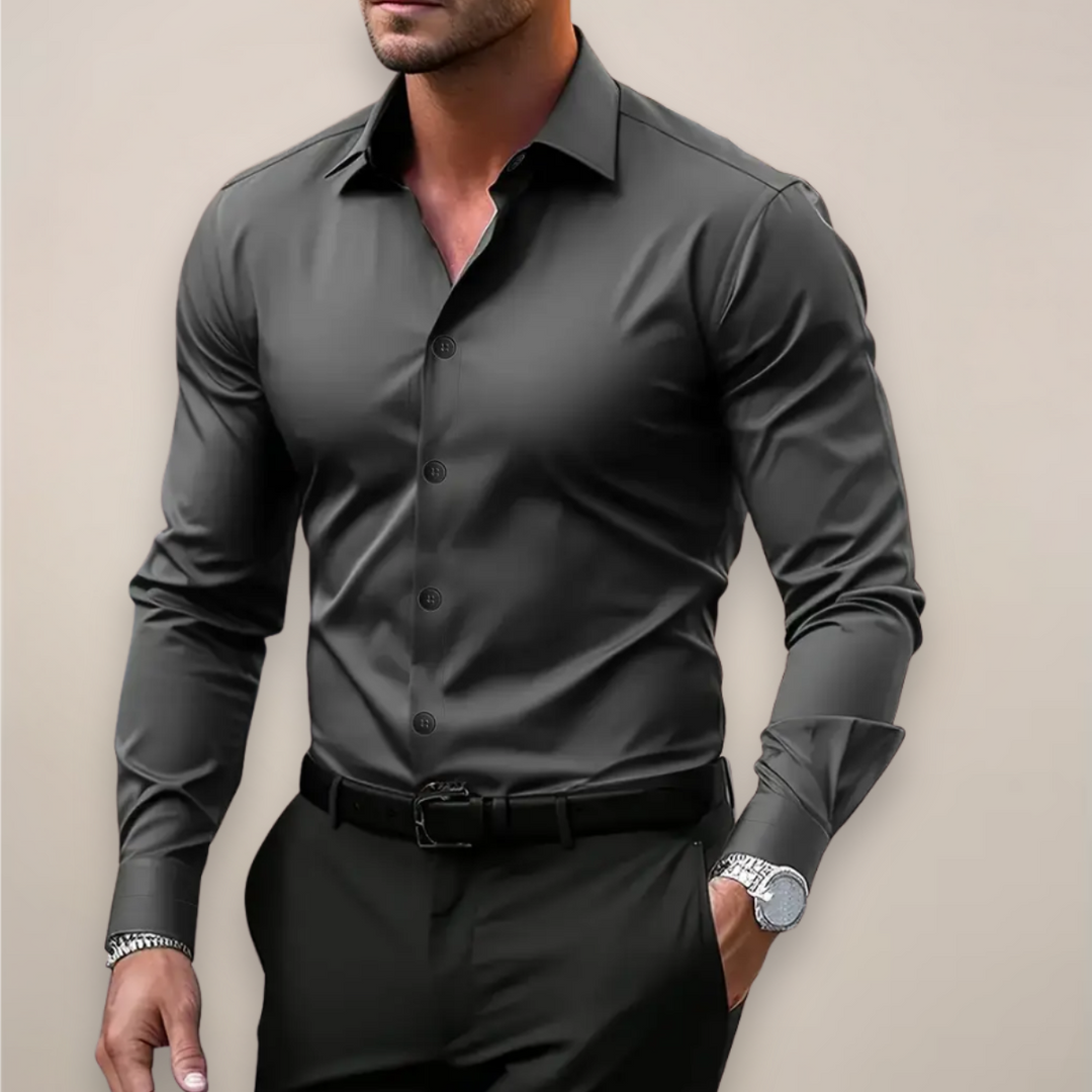 Men's long-sleeve shirt with classic notched collar, perfect for versatile smart casual or business casual outfits.