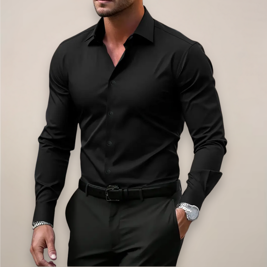 Man wearing a classic notched collar long-sleeve shirt, perfect for smart casual and business casual events.