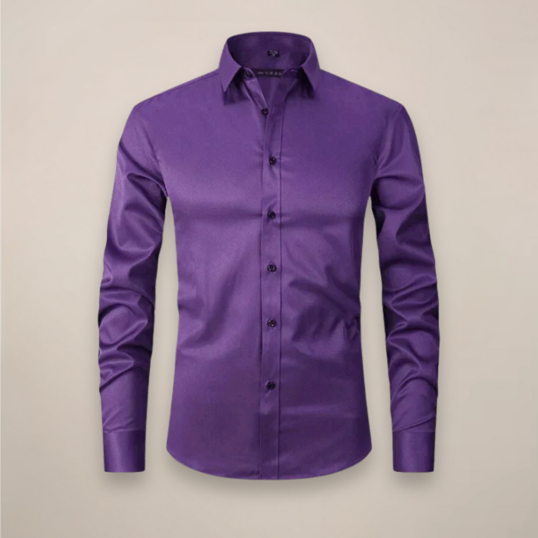 Professional men's long-sleeve dress shirt, structured, classic style, no wrinkles.