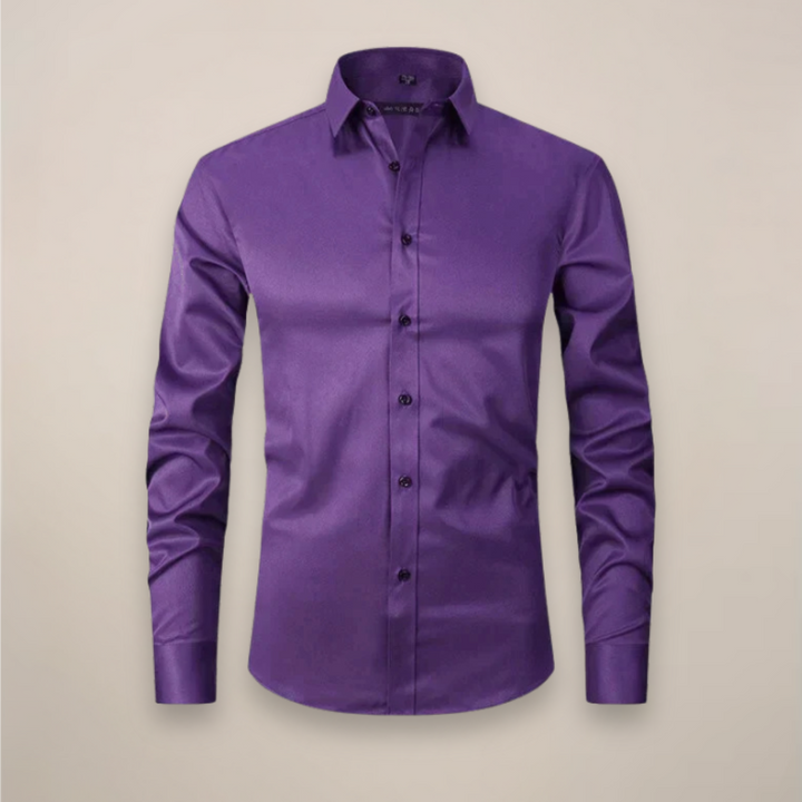 Professional men's long-sleeve dress shirt, structured, classic style, no wrinkles.