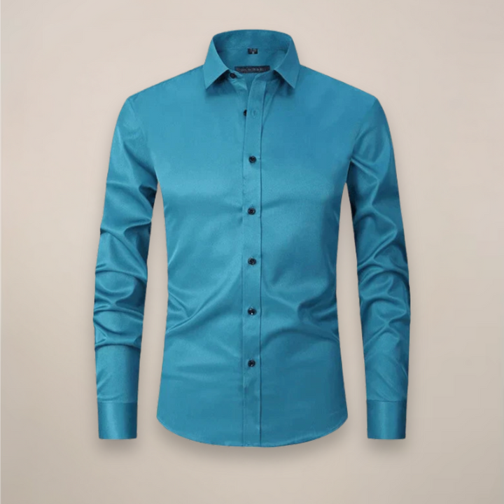 Modern men's long-sleeve shirt, structured, wrinkle-free, versatile for any occasion.