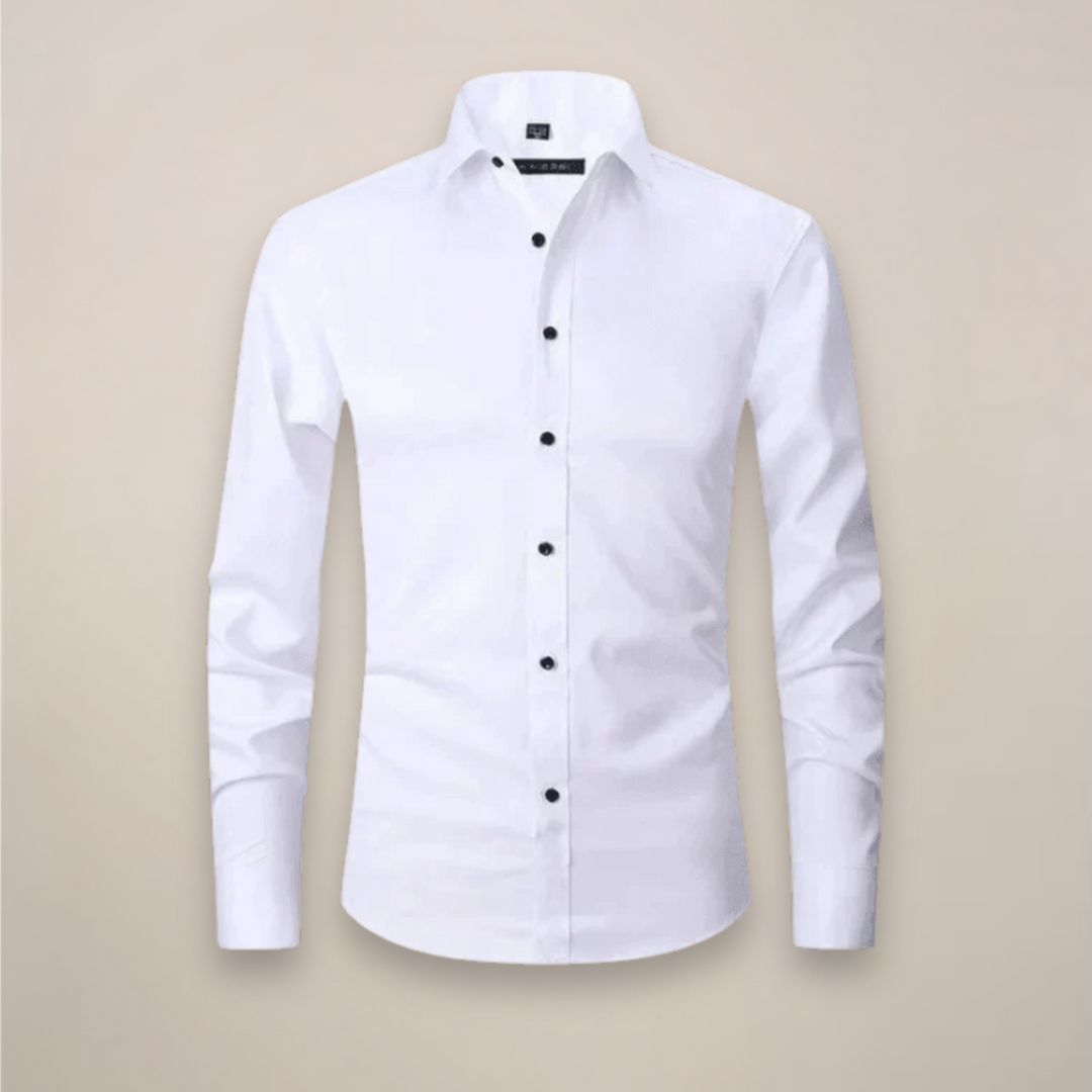 Wrinkle-resistant men's dress shirt, long sleeve with a structured fit, modern fashion.